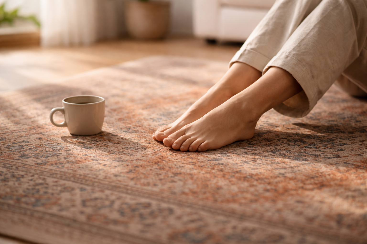 Morgon med matta — kaffe och bara fötter